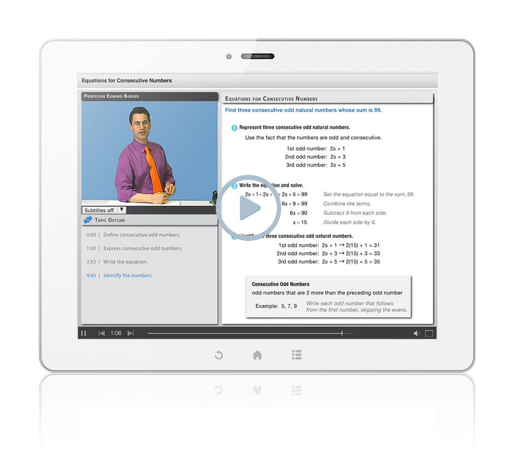 Thinkwell's Intermediate Algebra with Professor Edward Burger sample video "Equations for Consecutive Numbers"